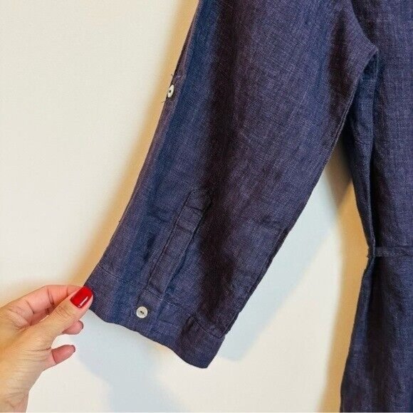 Malvin Hamburg Navy Blue 100% Linen Shirt Dress Roll Tab Sleeve Womens Medium - Picture 5 of 8
